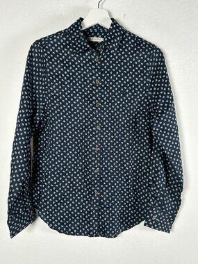 R.M. Williams Womens Olney Print Linen Shirt Size 8 Navy Button Up Long Sleeve